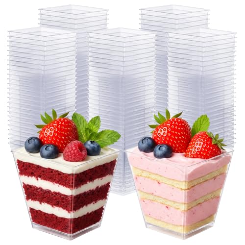 100 Pack 8 Oz Square Clear Plastic Dessert Cups & Charcuterie Cups - Disposable Mini Tasting Cup for Appetizers, Puddings, Mousse, Ice Cream, Party, Wedding Catering Supplies