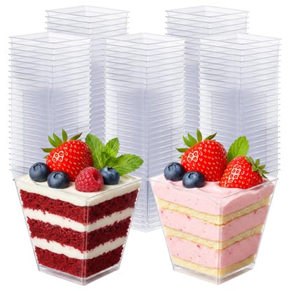 100 Pack 8 Oz Square Clear Plastic Dessert Cups & Charcuterie Cups - Disposable Mini Tasting Cup for Appetizers, Puddings, Mousse, Ice Cream, Party, Wedding Catering Supplies