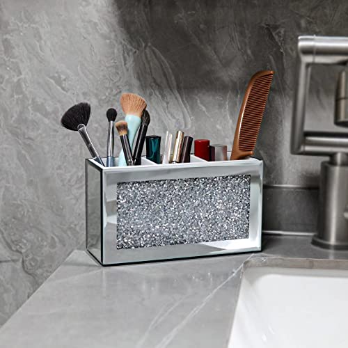 Silver Makeup Brush Holder Organizer, Bling 3 Slot Crushed Diamond Crystal Mirrored Cosmetic Brushes Storage, Eyeliners Eyebrow Pencil Display Case