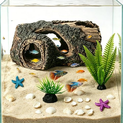 Fish Tank Decorations Set - Aquarium Decor Accessories with Aquarium Plants, Resin Hollow Tree Trunk Cave Hideout, Some Artificial Starfish & Shell Ornaments for Betta Fish Tanks