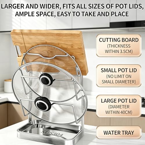 Pot Lid Holder & Spoon Rest – Countertop Organizer for Lids, Spoon, Spatulas, Cutting Board – Stove Top Stand with Removable Drip Tray, 304 Stainless Steel, 2-Tier