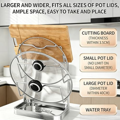 Pot Lid Holder & Spoon Rest – Countertop Organizer for Lids, Spoon, Spatulas, Cutting Board – Stove Top Stand with Removable Drip Tray, 304 Stainless Steel, 2-Tier