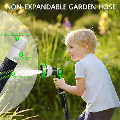 Garden Hose 25 FT, NON-EXPANDABLE Heavy-Duty Flexible & Lightweight Water Hose with 10-Function Nozzle, No-Kink, Leak-Proof Super Fabric, Solid Fittings for Lawn, Car, Outdoor (Black Green)