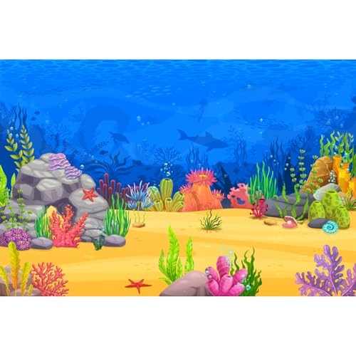 Under The Sea Aquarium Background Blue Ocean Under Water World Terrarium Background Game Level with Fish Shoals Seaweed Fish Tank Backdrop Shark Turtle Corals Theme Aquarium Backdrop 24x16in - color: Undersea Yellow, size: 24(W)x16(H)in