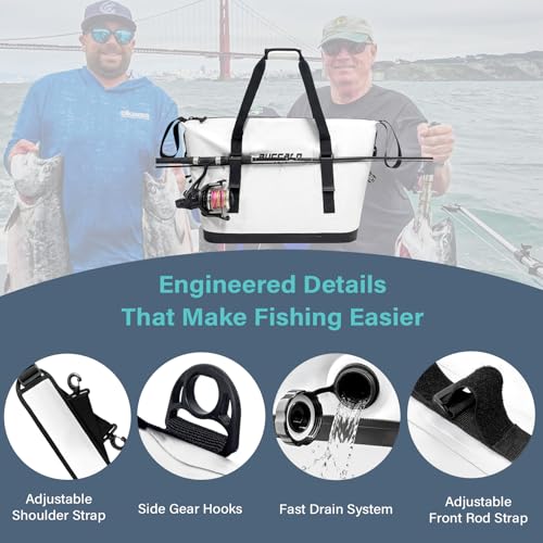 Buffalo Gear Fish Cooler Bag – 24Qt Seamless Insulation Kill Bag, Keeps Ice Cold Up to 36 Hours, Foldable & Waterproof with Rod Attachment Straps & Gear Loops, White - color: White-24QT