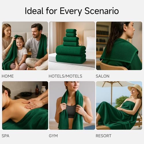 REDKISS Soft 6 Piece Bath Towel Set - 2 Bath Sheets, 2 Hand Towels, 2 Washcloths - Highly Absorbent, Quick Dry, Lightweight Towel Sets Collection, Premium Dark Green Towels for Bathroom, Gym & Spa - color: Dark Green