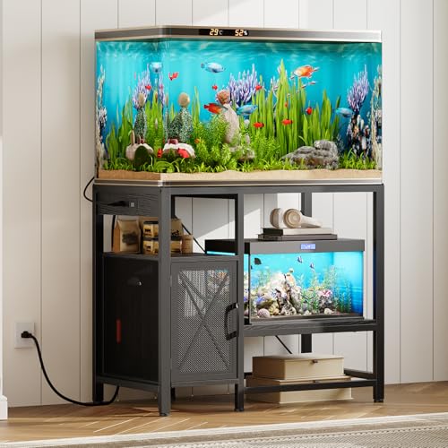 MAHANCRIS 40-50 Gallon Fish Tank Stand, Aquarium Stand with Power Outlet and Storage Cabinet, Heavy Duty Tank Stand Suitable for Turtle Tank, Reptile Terrarium, for Home Office, Black FTBK50E01 - color: Black, size: 40-50 Gallon