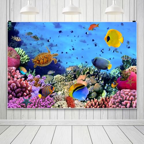 7x5ft Underwater Ocean Coral Reef Backdrop Under The Sea Tropical Fish Sea Turtle Marine Life Photography Background Seabed World Nature Scene Aquarium Decor Kids Portrait Photo Shoot Props - size: 7x5ft