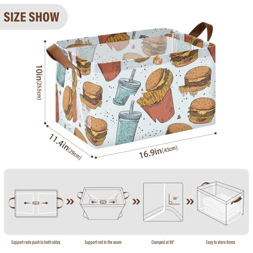 Ollabaky Collapsible Rectangular Closet Storage Bin Retro French Fries Drink and Hamburgers Shelf Basket Box with Leather Handles - Storage Cube, Nursery Storage, Laundry Hamper