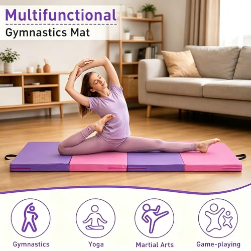 Gymnastics Mat, 3x6FT / 4x8FT 2" Thick Kids' Folding Tumbling Mat - color: 3.5x6FT-Pink&Purple