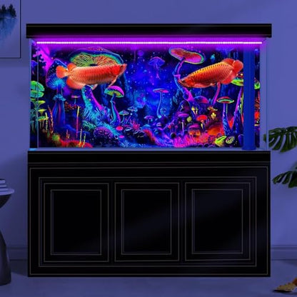 48X18IN Blacklight Mushroom Black Light Aquarium Background UV Reactive Background Starry Sky Terrarium Mushroom Theme Background with 10 EVA Double-Sided Tape - color: Violet bluish, size: 48X18in/120X45cm