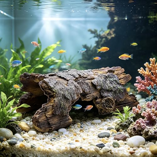Teaeeno Faux Log Fish Cave, Predator Control and Decorative Shelter for Koi and Fish, Ponds, Aquariums, Aquarium Décor Ornaments (Brown)