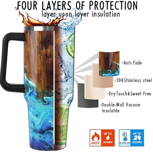 Fishing Tumbler Gifts for Papa Dad Husband Fisherman Fathers Day,Anniversary,Christmas,Birthday Fish Cup Coffee Travel Mug with Handle and Straw-40 oz Wood Grain Fishing(1PCS)