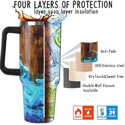 Fishing Tumbler Gifts for Papa Dad Husband Fisherman Fathers Day,Anniversary,Christmas,Birthday Fish Cup Coffee Travel Mug with Handle and Straw-40 oz Wood Grain Fishing(1PCS)