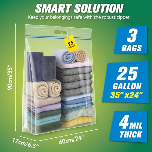 HIBAG 25 Gallon Jumbo Storage Bags, 35” x 24” Resealable Clear Bags with Handle, Extra Large XL Heavy Duty for Clothes Pillow Travel Moving, Pack of 3 - size: 25 gal - 3 pack