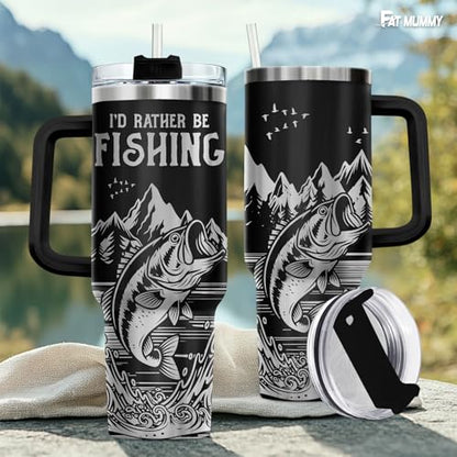 Fishing 40oz Insulated Tumbler With Handle And Straw, Laser Engraved Style Stainless Steel Travel Mug, Funny Fisherman Gift For Men, Dad, Fathers Day