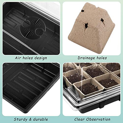 4 Pack Seed Starter Tray Kit, 120 Square Seed Peat Pots for Seedlings with Plants Labels, Planting Tools, Plastic Growing Germination Trays with Lids for Indoor Outdoor Gardening, Black