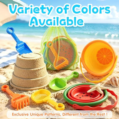 Collapsible Beach Toys for Kids, 2 Packs Foldable Silicone Sand Buckets Set with 4 Packs Sand shovels and Mesh Bag, Travel Beach Essentials for Sandbox, Pool, Camping,Fishing, Summer Party Favors