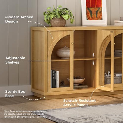 Storage Cabinet with 4 Doors, Arched Sideboard Buffet Cabinet with Adjustable Shelves, Accent Display Cabinet with Acrylic Door for Living Room, Entryway, Dining Room, Natural Oak