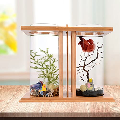 Creative Ecological Fish Tank,Dual Glass Small Fish Tank with Bamboo Wood Stand,Mini DIY Desktop Aquarium for Goldfish,Betta Fish,or Small Fish