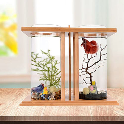 Creative Ecological Fish Tank,Dual Glass Small Fish Tank with Bamboo Wood Stand,Mini DIY Desktop Aquarium for Goldfish,Betta Fish,or Small Fish