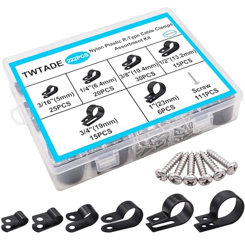 222PCS Black Cable Clamps Assortment Kit,Nylon Plastic R-Type 6 Sizes 3/16'' 1/4'' 3/8'' 1/2'' 3/4'' 1'' Cable Mounting Wire Clips Fastener with Screws for Wire Management