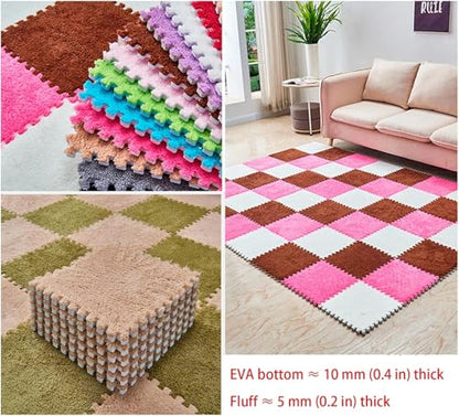 12 Pieces Thickened Plush Foam Interlocking Floor Mat,Fluffy Square Foam Tiles with 12 Edgings,Soft Anti-Slip Puzzle Area Rug Playmat for Bedroom,12X12inch,12 Tiles/11.6 Sq.Ft,Coffee+g Purple+White - color: Coffee+g Purple+white
