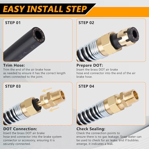 Brass DOT Air Brake Hose End Fitting, Dazakoot 3/8” Hose x 1/2” Male Connector with Spring Guard, Air Brake Connector for Semi Truck - 8 Pack End Fitting & 8 Pack Sleeve Tube - size: 3/8" Hose X 1/2" Male, style: 16PCS KIT