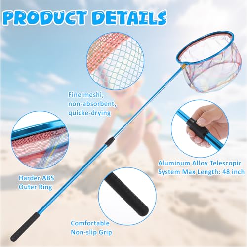 2-in-1 Set Telescopic Fishing Net and Beach Fish Tank, 30" to 48" Extendable Lightweight Aluminum Pole with Non-Slip Handle for Catching Observing Release, Outdoor Exploration Kit