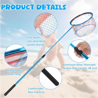 2-in-1 Set Telescopic Fishing Net and Beach Fish Tank, 30" to 48" Extendable Lightweight Aluminum Pole with Non-Slip Handle for Catching Observing Release, Outdoor Exploration Kit