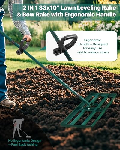 Lawn Leveling Rake 33x10'', Yard Leveling Rake with 78'' Back-Saving Adjustable Handle, Stainless Steel Lawn Leveler Tool with 17'' Tines Head for Garden, Backyard, Farm, Golf Course - style: 33’‘x10’‘ with 17'' Bow Rake