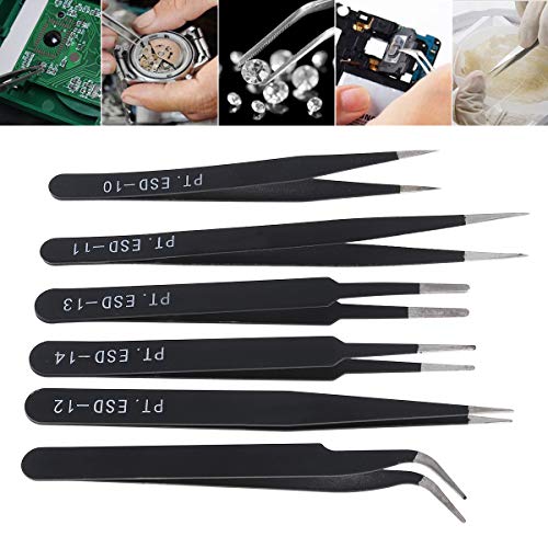 6PCS Precision Tweezers Set, ESD Tweezers Set, Anti-Static Stainless Steel Tweezers, Non-magnetic Curved Tweezers Set, Electronics Tweezers Kit for Jewelry, Craft, Electronics
