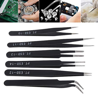 6PCS Precision Tweezers Set, ESD Tweezers Set, Anti-Static Stainless Steel Tweezers, Non-magnetic Curved Tweezers Set, Electronics Tweezers Kit for Jewelry, Craft, Electronics