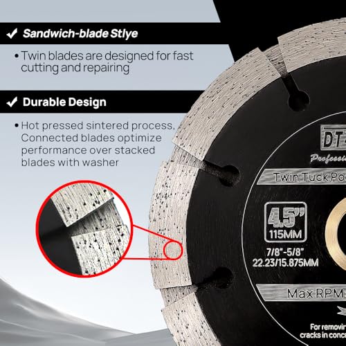 Sandwich Tuck Point Blade - 4-1/2 Inch Mortar Raking Crack Chaser Dual Diamond Blade 7/8"-5/8" Arbor for Mortar Removal,Grout Concrete Asphalt Surfaces Repair,Masonry Brick Stone Cutting - size: Blade 4.5"(115mm)