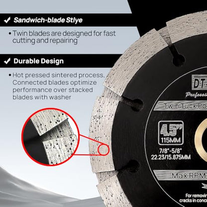 Sandwich Tuck Point Blade - 4-1/2 Inch Mortar Raking Crack Chaser Dual Diamond Blade 7/8"-5/8" Arbor for Mortar Removal,Grout Concrete Asphalt Surfaces Repair,Masonry Brick Stone Cutting - size: Blade 4.5"(115mm)