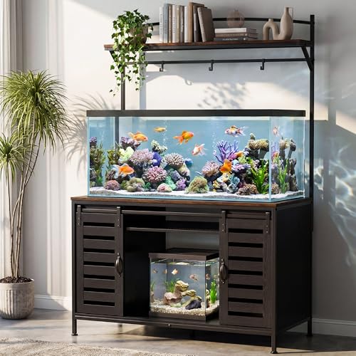 Petrova 100-120 Gallon Fish Tank Stand with Power Outlet, Metal Double Aquarium Stand with Storage Cabinet and Sliding Barn Door, Heavy Duty Reptile Tank Stand, 48" L* 24"W Tabletop, 1000LBS Capacity, Black - color: Jet Black, size: 47.6" L x 24.5" W x 69
