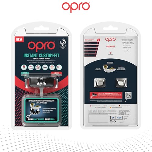 OPRO Instant Custom-Fit Mouthguard – Dentist Level Gum Shield Adult and Kids – OPRO Mouth Guard Boxing and MMA, Self-Fit Gum Shield Rugby – Maximum Protection with Dental Warranty (Black/White) - color: Black/White, size: Adult (10+)