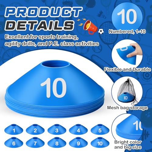 10 Pcs Numbered Sports Disc Cone with Mesh Carry Bag - color: Blue
