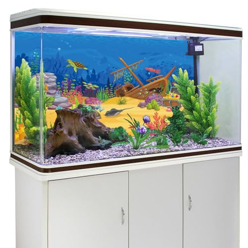 AWERT 72x16 inchesCartoon Underwater Landscape Aquarium Background Tropical Coral Reef Sea Animals Terrarium Background Deep Blue Ocean Fish Crab Treasure Chest Sea Turtle Fish Tank Backdrop - size: 72x16in/180x40cm