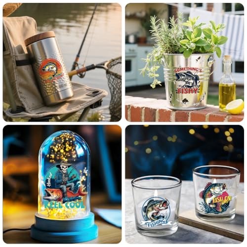 Peacoblue 18 Sheets Rub on Transfers for Crafts, Fishing 3.6"x3.9" UV DTF Cup Wraps Waterproof Rub on Cold Transfers Stickers for Wood Glass Metal Cup Tumblers Mirrors Mugs Home Decor - style: Fishing
