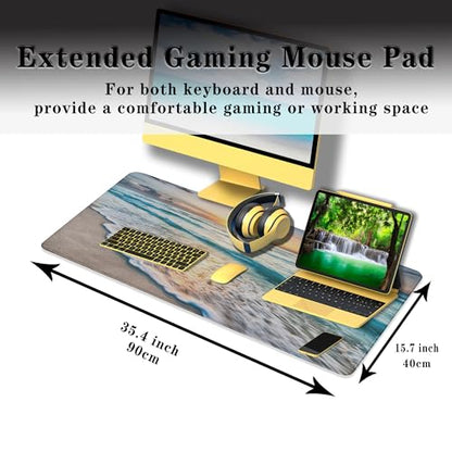 Keyboard Mats Desk Accessories Kit Gaming Mousepad Big Mouse Pads Pc Desk Mat Full Desk Mat Waterproof Non-Slip Rubber Base 35.4" X 15.7" for Game Office, Beach Sunset Ocean Waves - color: Beach