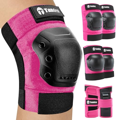 Tanden Skate Protective Gear Adult Knee Pads and Elbow Pads Set Wrist Guard - color: Pink, size: Adult (14+ years)