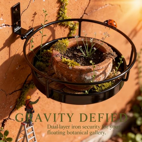 2 Pcs Wall Mounted Plant Holders, Wall Hanging Metal Flower Pot Racks, Floating Plant Shelves with Ring and Base, Indoor Outdoor Decorative Planter Stands for Garden, Porch, Patio