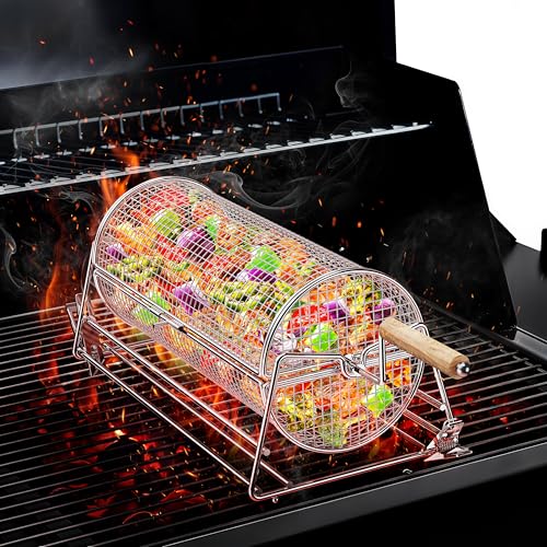 2-in-1 Rolling Grill Basket with Dual Handles, 304 Stainless Steel Rotatable BBQ Basket with Crank Handle & Straight Grip Handle, Grill Net for Vegetables, Shrimp & More, Gift Idea for Men, Dad, Husband