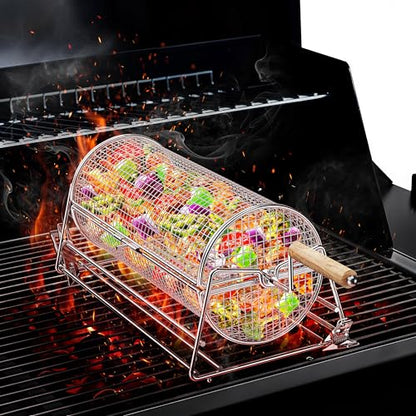 2-in-1 Rolling Grill Basket with Dual Handles, 304 Stainless Steel Rotatable BBQ Basket with Crank Handle & Straight Grip Handle, Grill Net for Vegetables, Shrimp & More, Gift Idea for Men, Dad, Husband