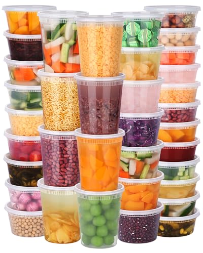 96 Pack (192-Piece) Deli Containers with Lids, 32/16/12/8 oz X 24 Set Each, Leak-Proof & BPA Free Airtight Takeout Plastic Food Storage Containers for Soup, Meal Prep, Microwave/Freezer Safe - size: 32/16/12/8 oz X 24 Set