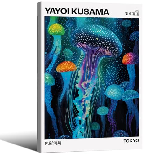 Colorful Ocean Jellyfish Wall Art Unique Japanese Animal Posters Yayoi Kusama Canvas Prints 24X36 inch Framed for Living Room Bedroom Wall Decor