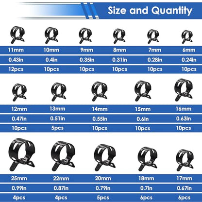 132Pcs 6-25mm Spring Hose Clamps With Hose Clamp Plier 16-sizes Constant Tension Hose Clamp used for Fuel Line，Vacuum Hose，Air Hose Spring Band Hose Clamp Kit - size: 6-25mm 132pcs