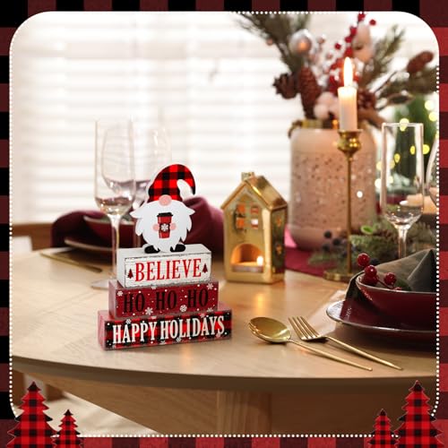 4 Pcs Christmas Wooden Table Decorations Xmas Red and White Buffalo Plaid Signs Rustic Happy Holiday Tiered Tray Decor Xmas Gnome Tabletop Centerpieces for Home Desk Room Kitchen Shelf - style: Gnomes