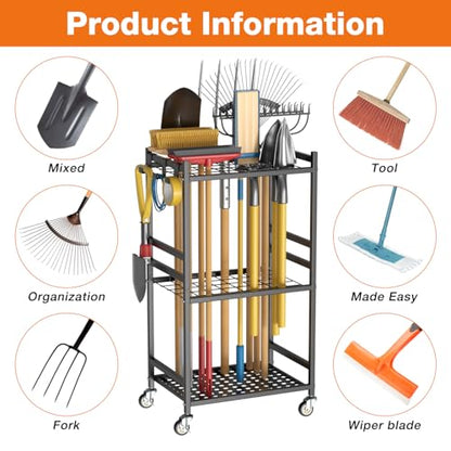 Garden Tool Organizer with Wheels, Heavy-Duty Yard Tool Rack with 3 Side Hooks, Holds Up to 40 Long-Handled Tools, Metal Garage Tool Storage for Lawn & Outdoor Organization